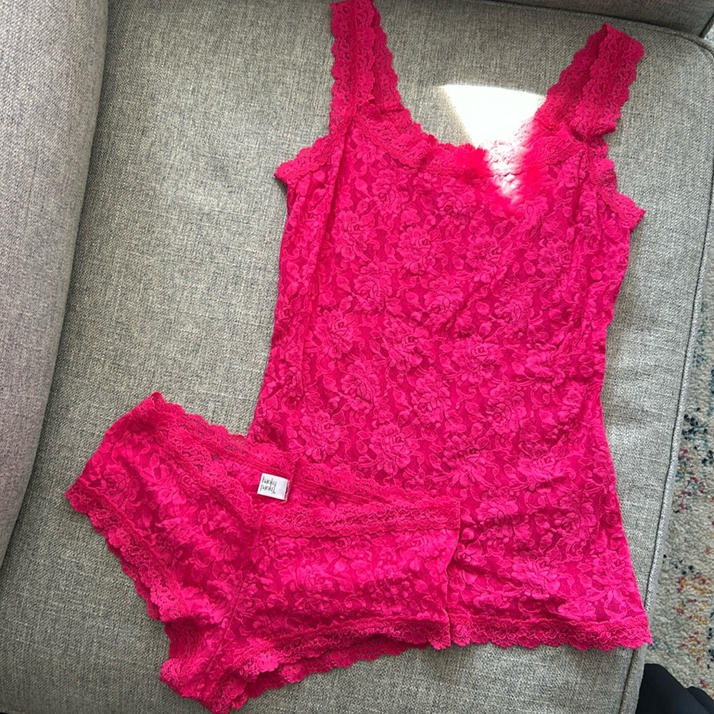 Hot pink Hanky Panky signature lace tank and matching French briefs.